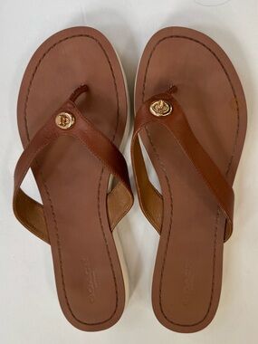 Coach Shelly Signature Turnlock Brown Leather Thong Flip Flop Sandals Womens 8.5